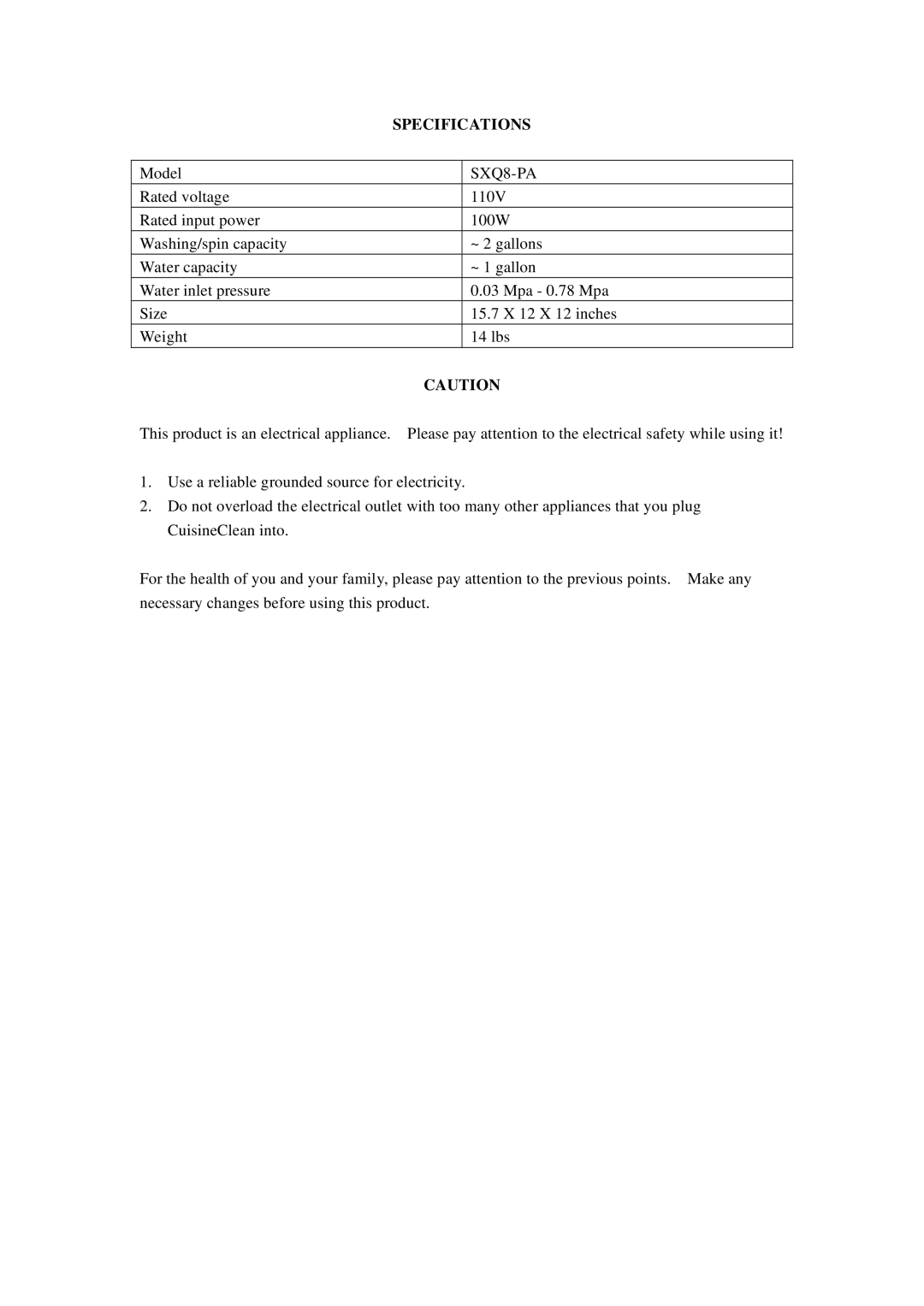 Vesture SXQ160-PA user manual Specifications, SXQ8-PA 