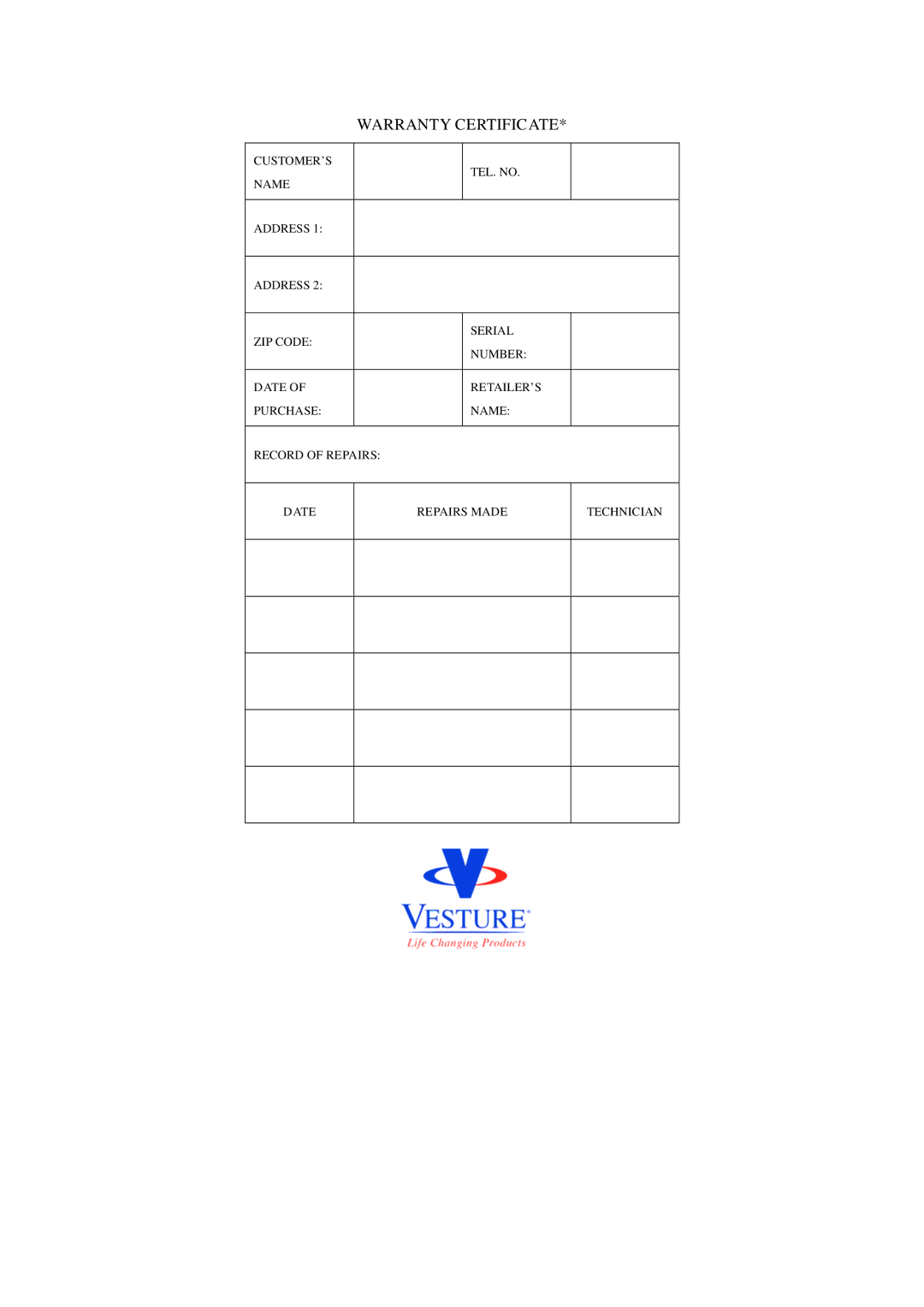 Vesture SXQ160-PA user manual Warranty Certificate 