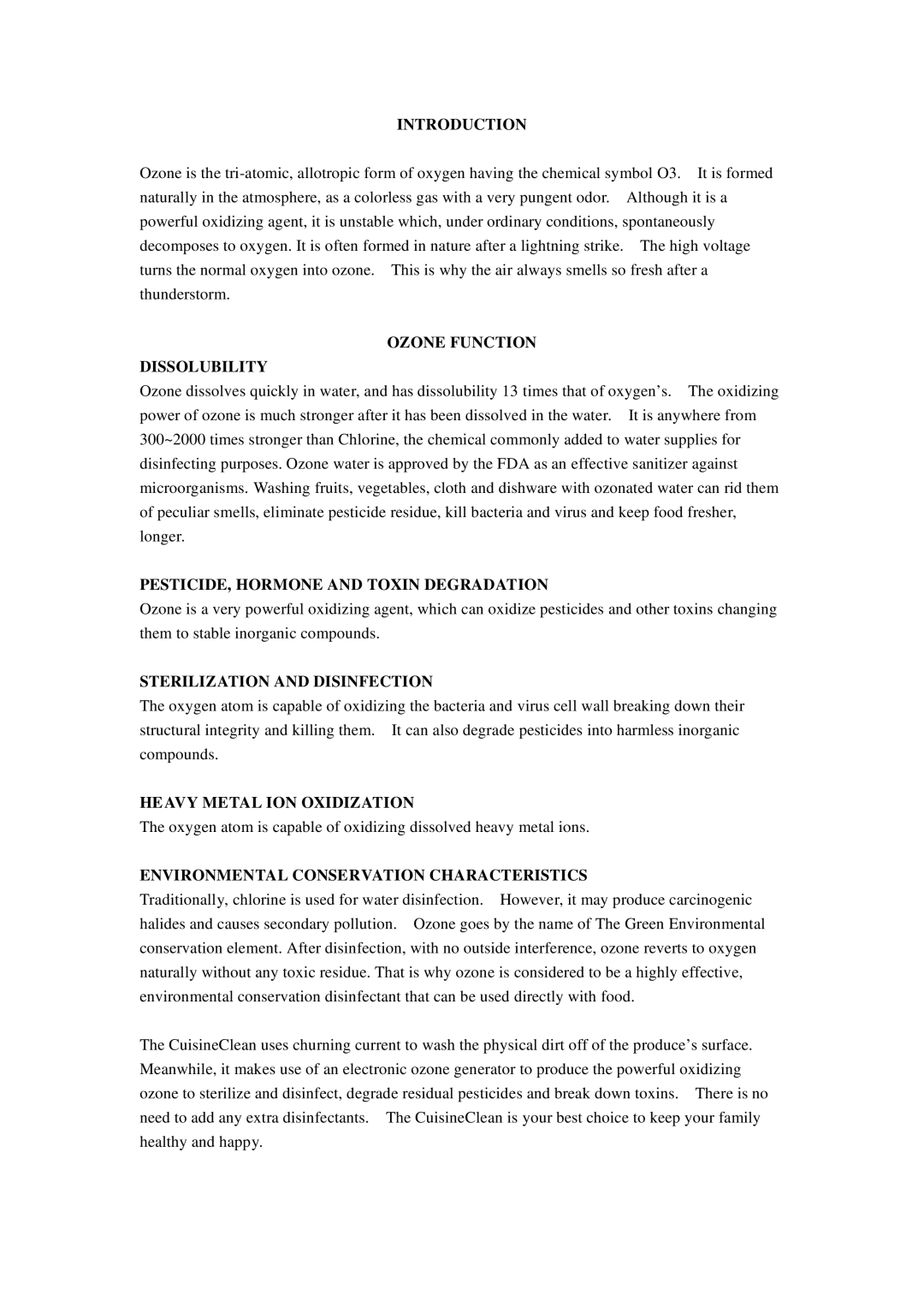 Vesture SXQ160-PA user manual Introduction, Ozone Function Dissolubility, PESTICIDE, Hormone and Toxin Degradation 