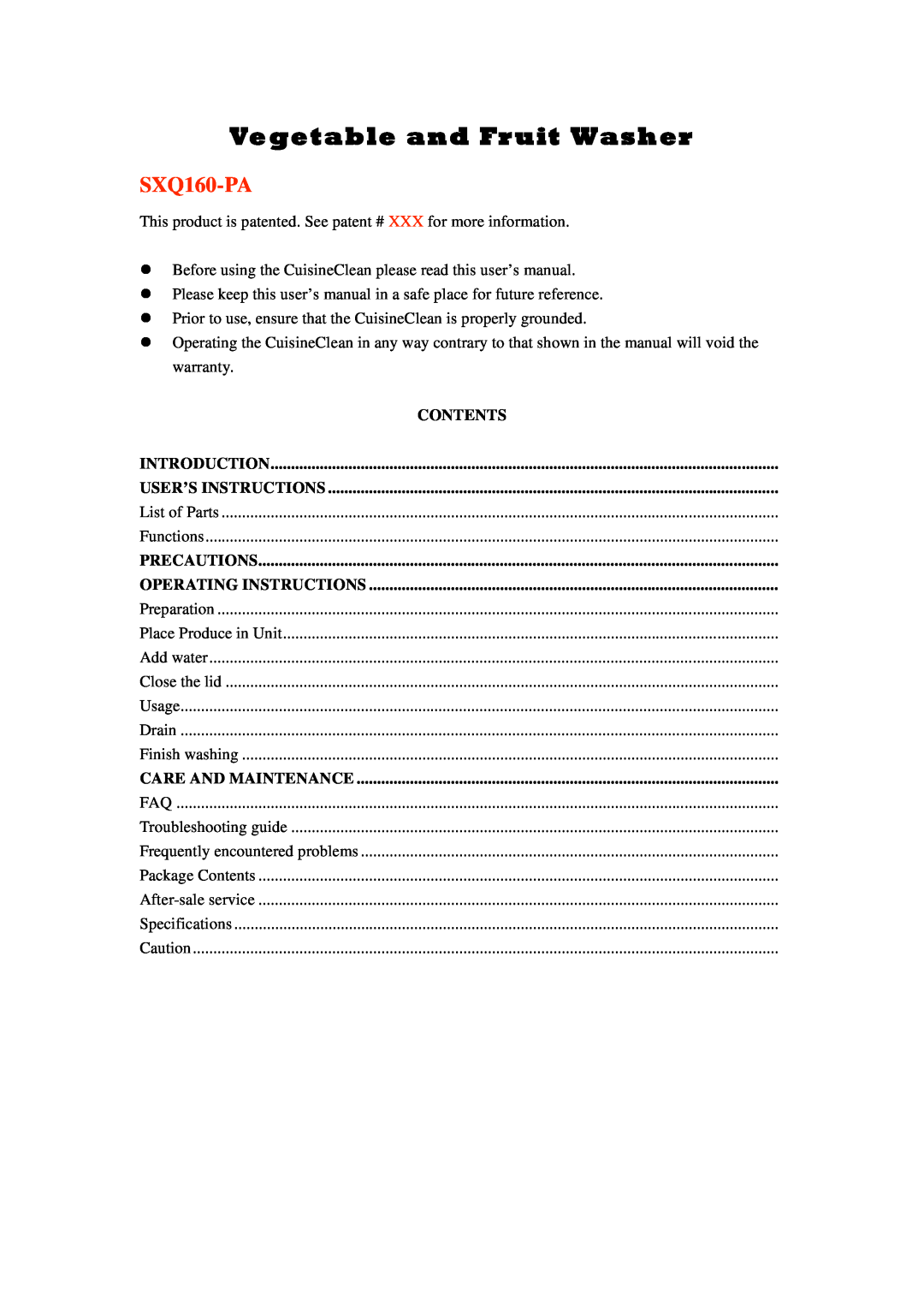 Vesture SXQ160-PA user manual Contents Introduction User’S Instructions, Precautions Operating Instructions 