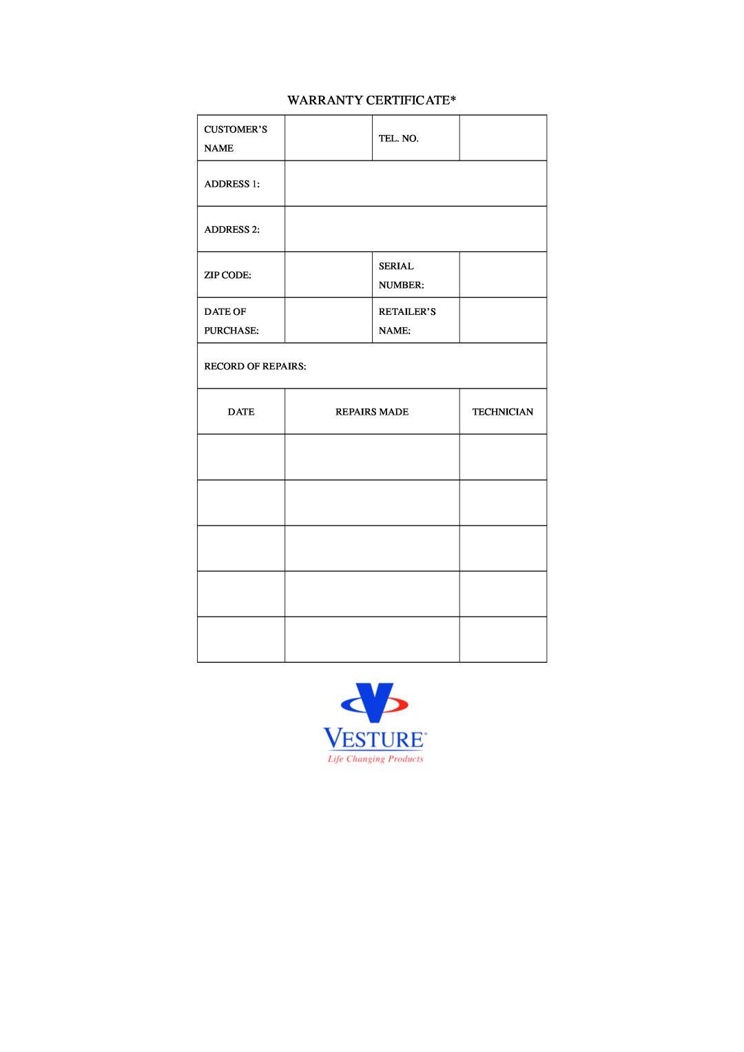Vesture SXQ160-PA user manual Warranty Certificate 