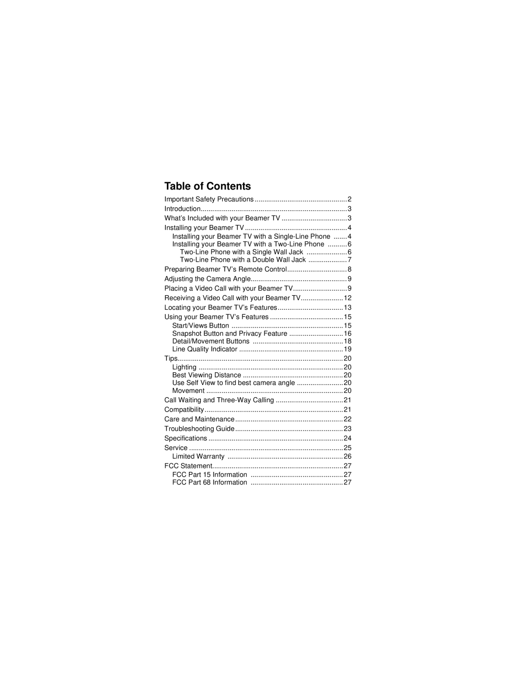 Vialta Beamer TV manual Table of Contents 