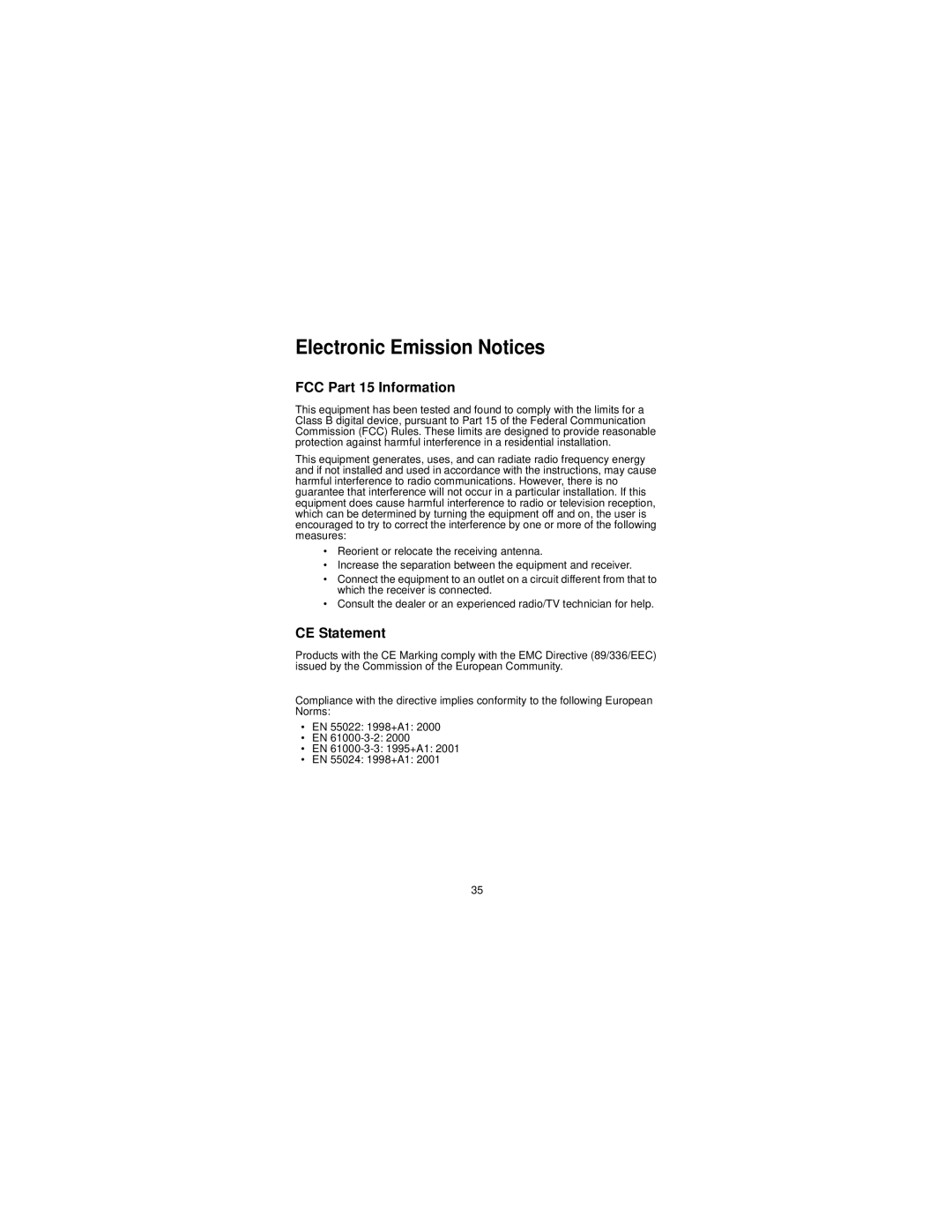 Vialta VF-100 manual Electronic Emission Notices, FCC Part 15 Information, CE Statement 