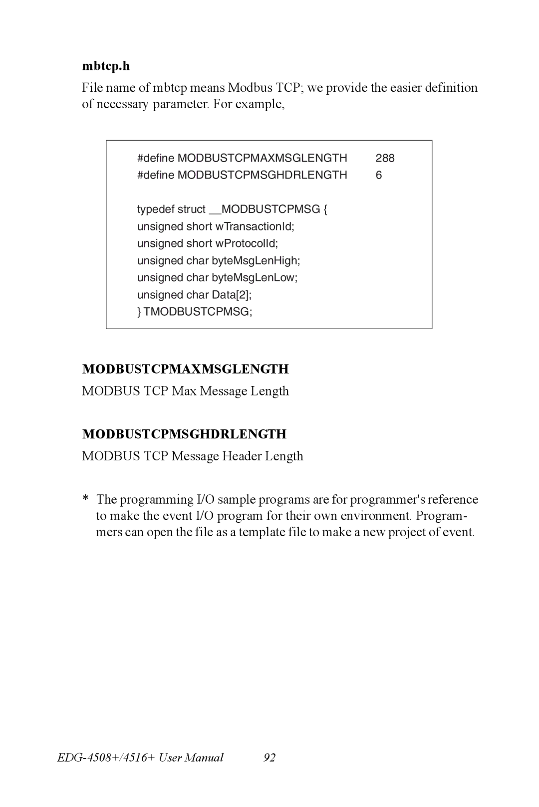 Vicks EDG-4508+, EDG-4516+ user manual Mbtcp.h, Modbustcpmsghdrlength 