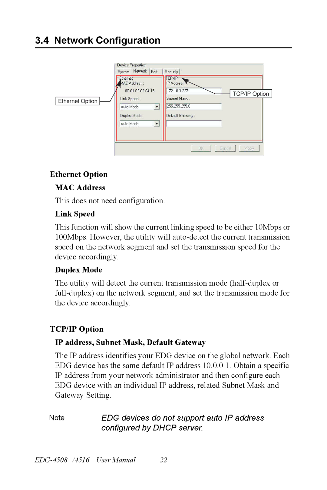 Vicks EDG-4508+, EDG-4516+ user manual Network Configuration, Ethernet Option MAC Address, Link Speed, Duplex Mode 