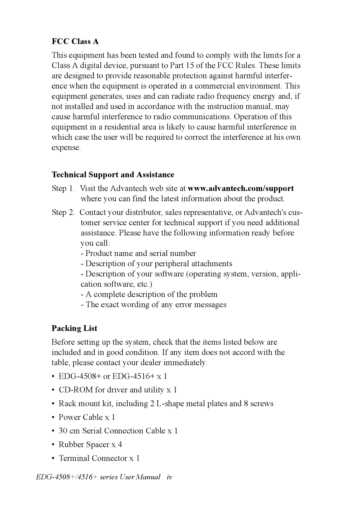 Vicks EDG-4508+, EDG-4516+ user manual FCC Class a Technical Support and Assistance, Packing List 