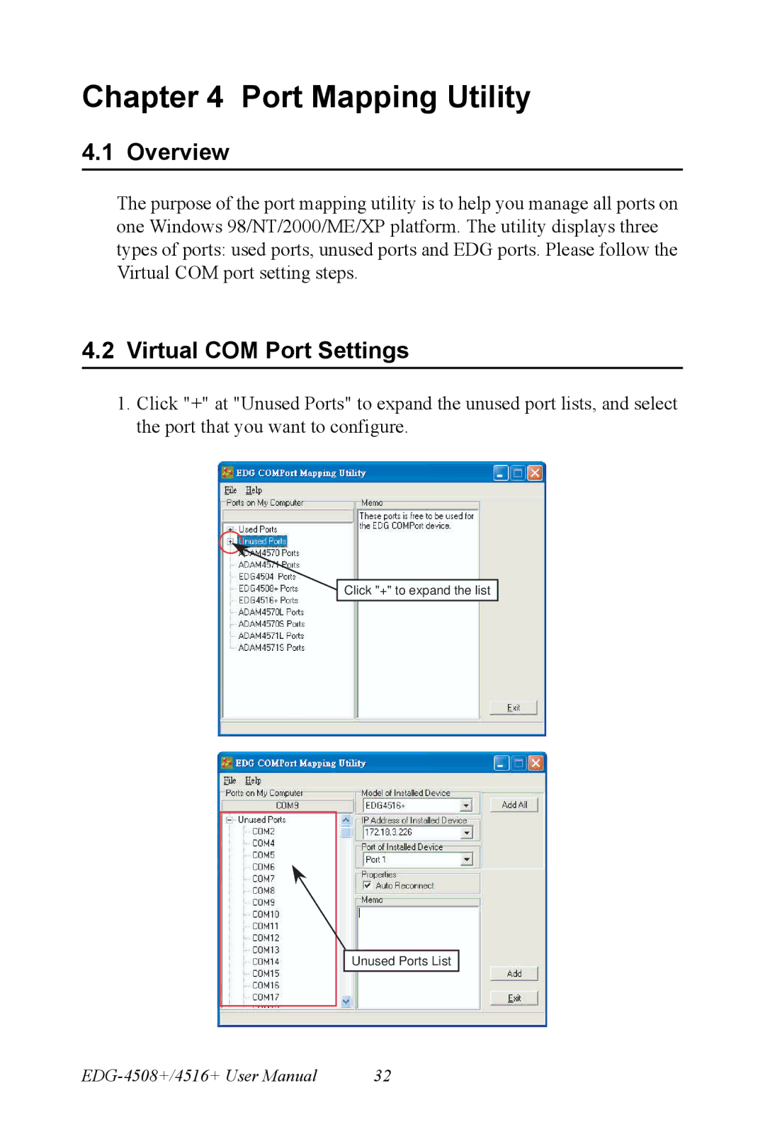 Vicks EDG-4508+, EDG-4516+ user manual Overview, Virtual COM Port Settings 