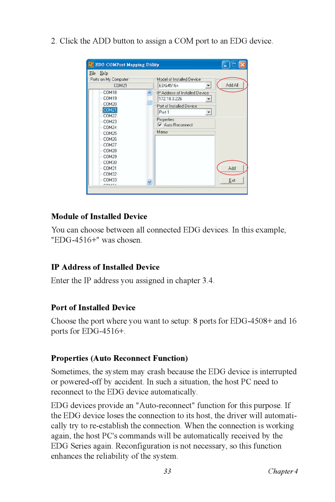 Vicks EDG-4516+, EDG-4508+ user manual Module of Installed Device, IP Address of Installed Device, Port of Installed Device 