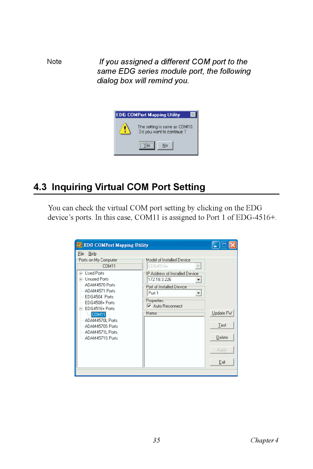 Vicks EDG-4516+, EDG-4508+ user manual Inquiring Virtual COM Port Setting 