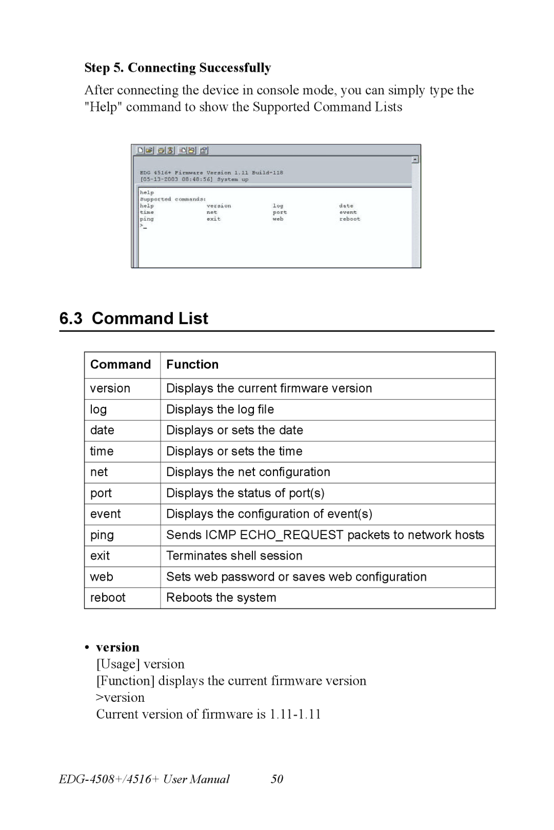 Vicks EDG-4508+, EDG-4516+ user manual Command List, Connecting Successfully, Version Usage version 