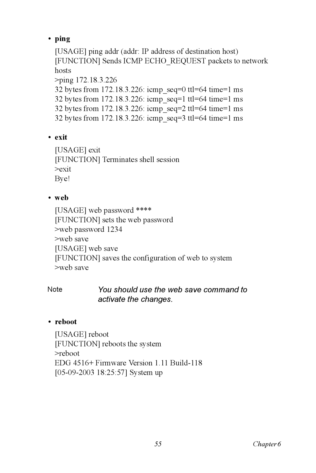 Vicks EDG-4516+, EDG-4508+ user manual Ping, Exit, Web, Reboot 