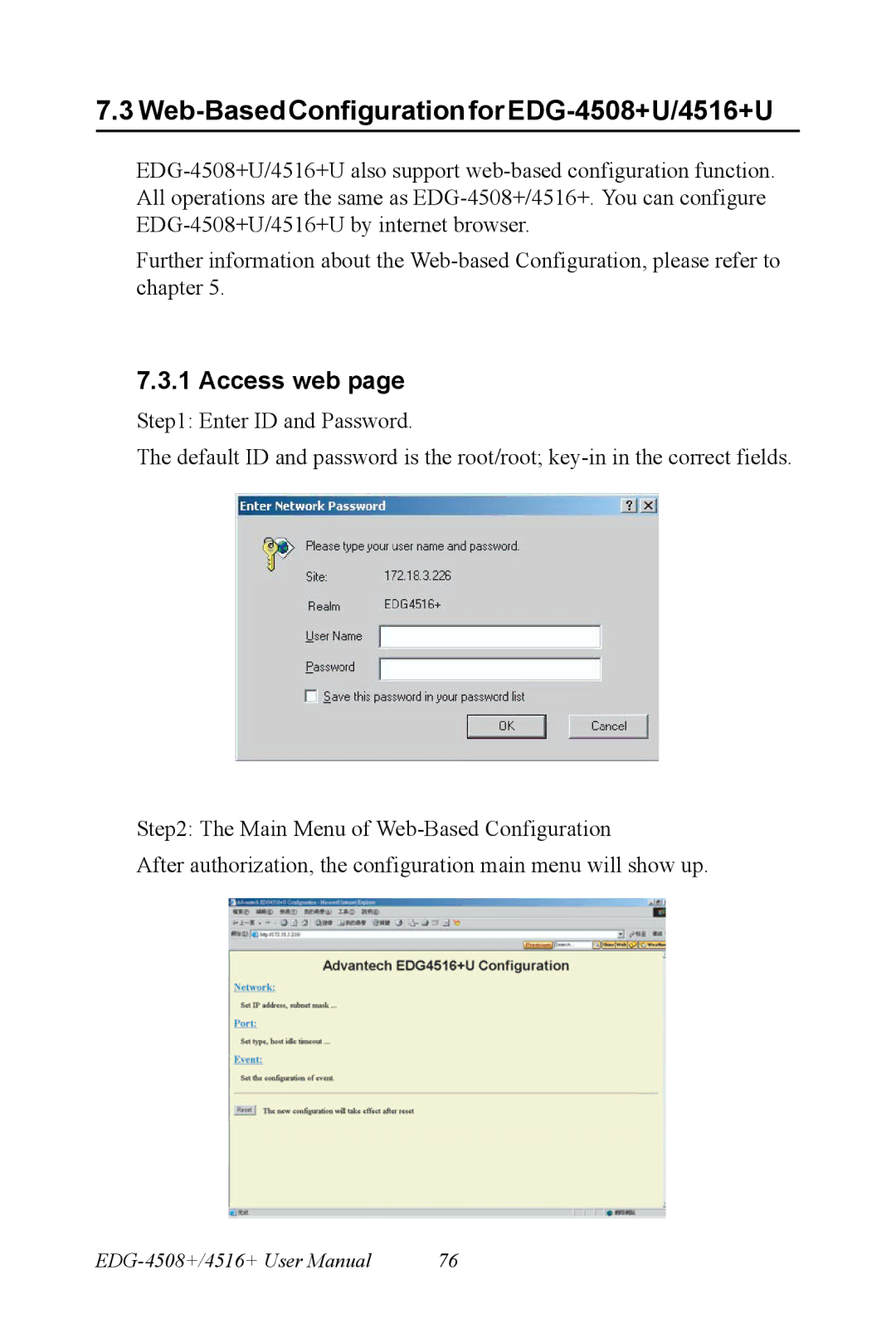 Vicks EDG-4516+ user manual 3Web-BasedConfigurationforEDG-4508+U/4516+U, Access web 