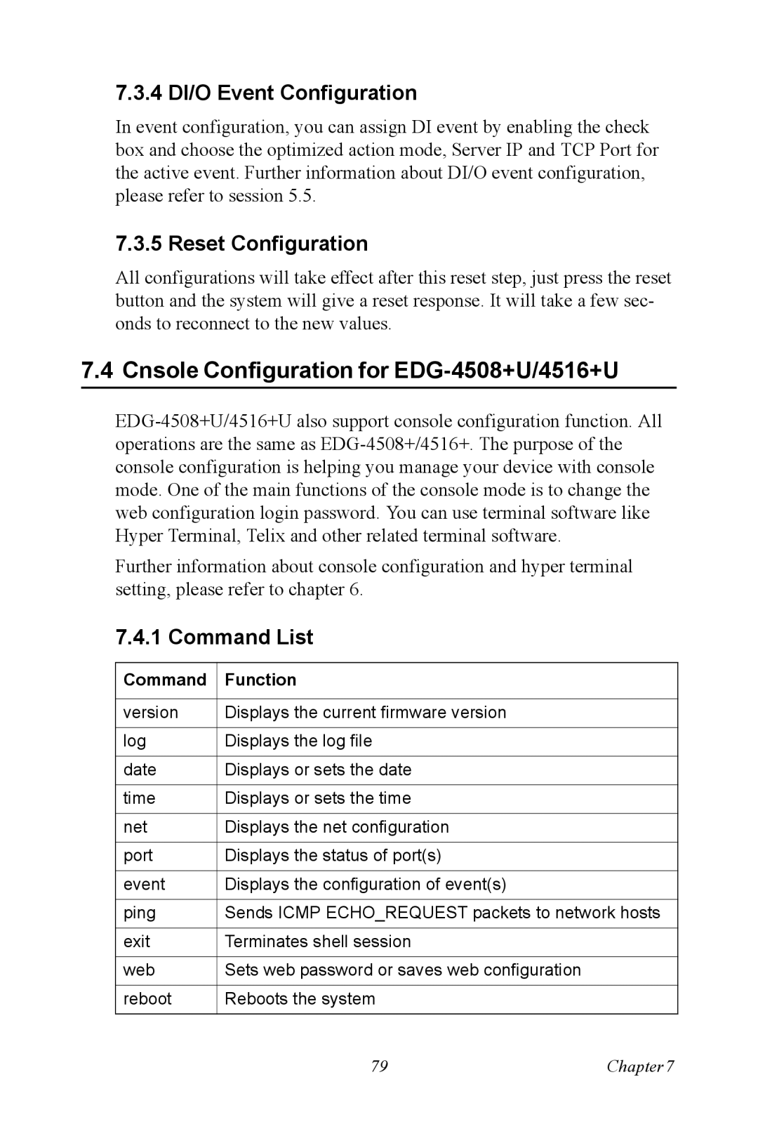 Vicks EDG-4516+ Cnsole Configuration for EDG-4508+U/4516+U, 4 DI/O Event Configuration, Reset Configuration, Command List 