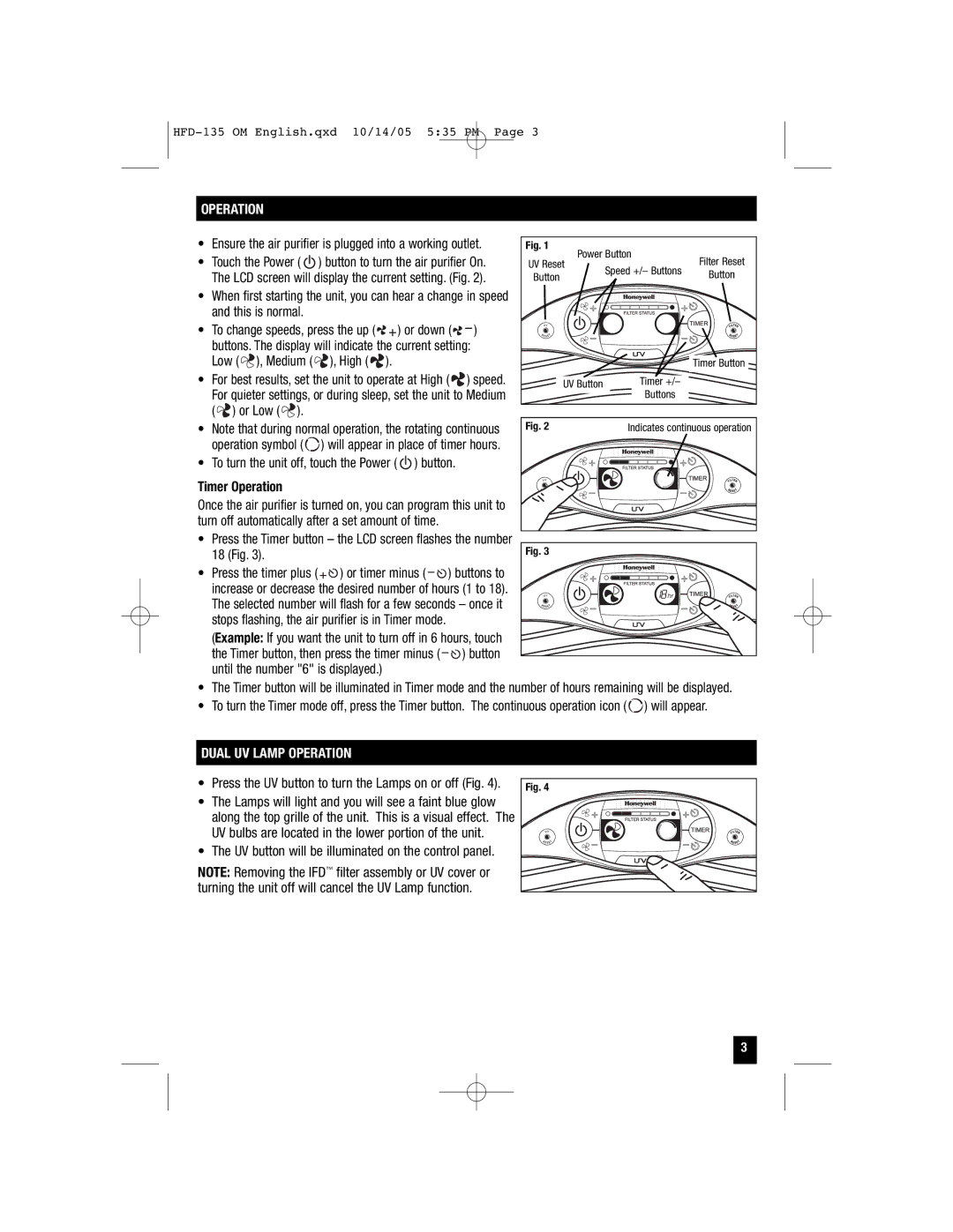 Vicks HFD-135 important safety instructions Timer Operation, Dual UV Lamp Operation 