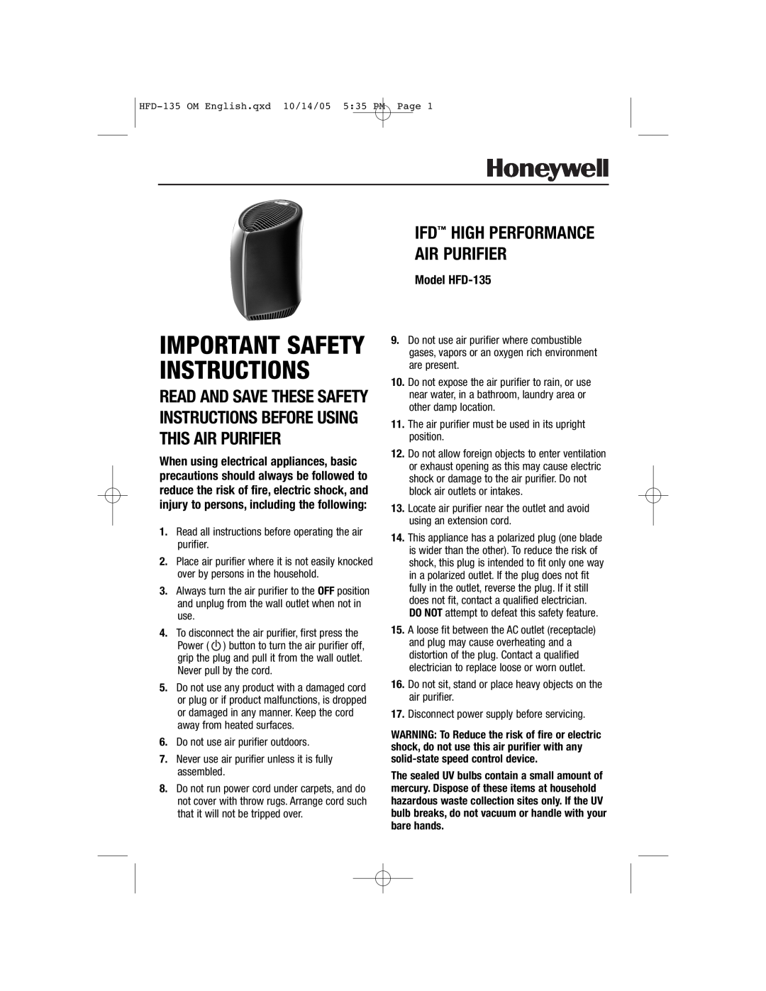 Vicks HFD-135 important safety instructions Important Safety Instructions, Ifd High Performance Air Purifier 