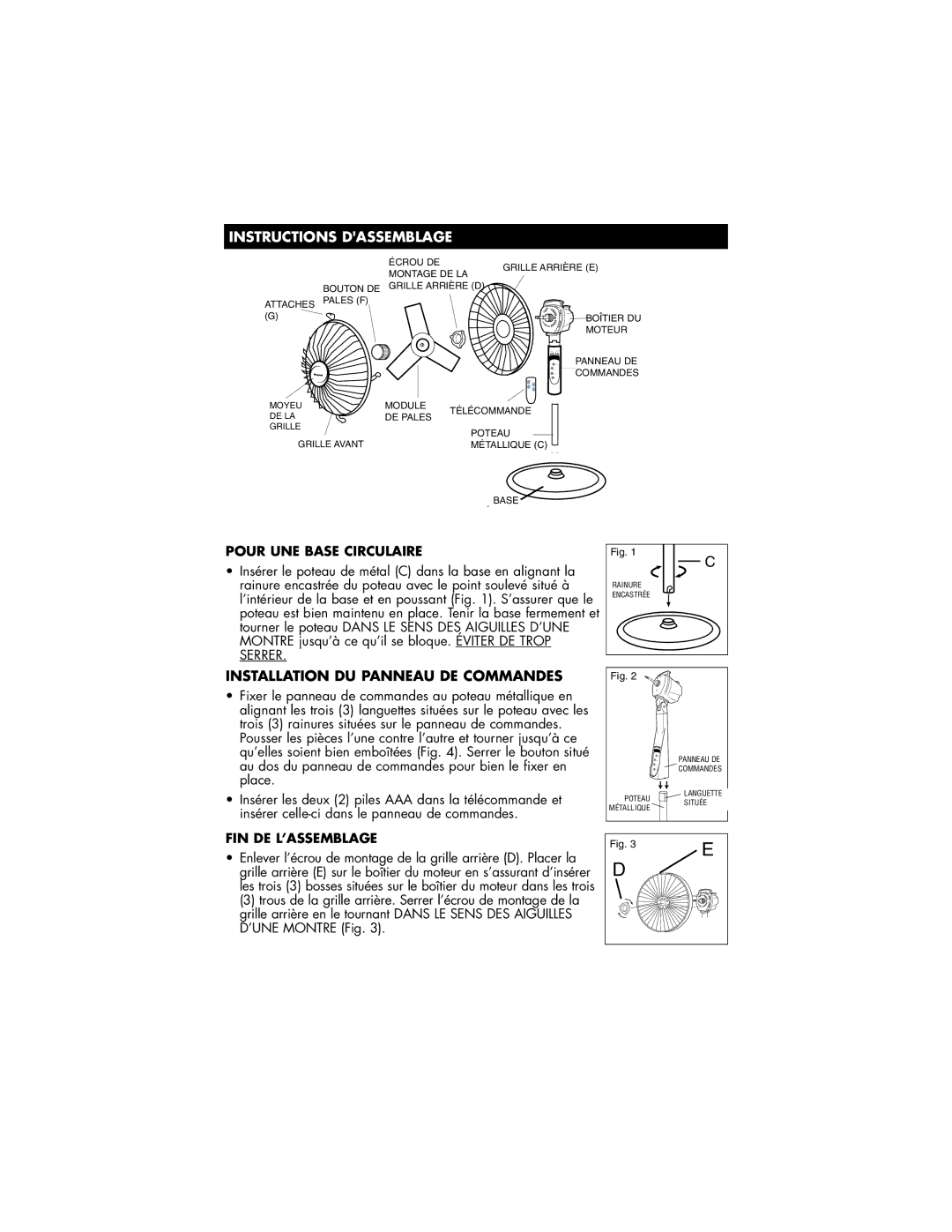 Vicks HFS-641PC owner manual Instructions Dassemblage, Pour UNE Base Circulaire, Fin De L’Assemblage 