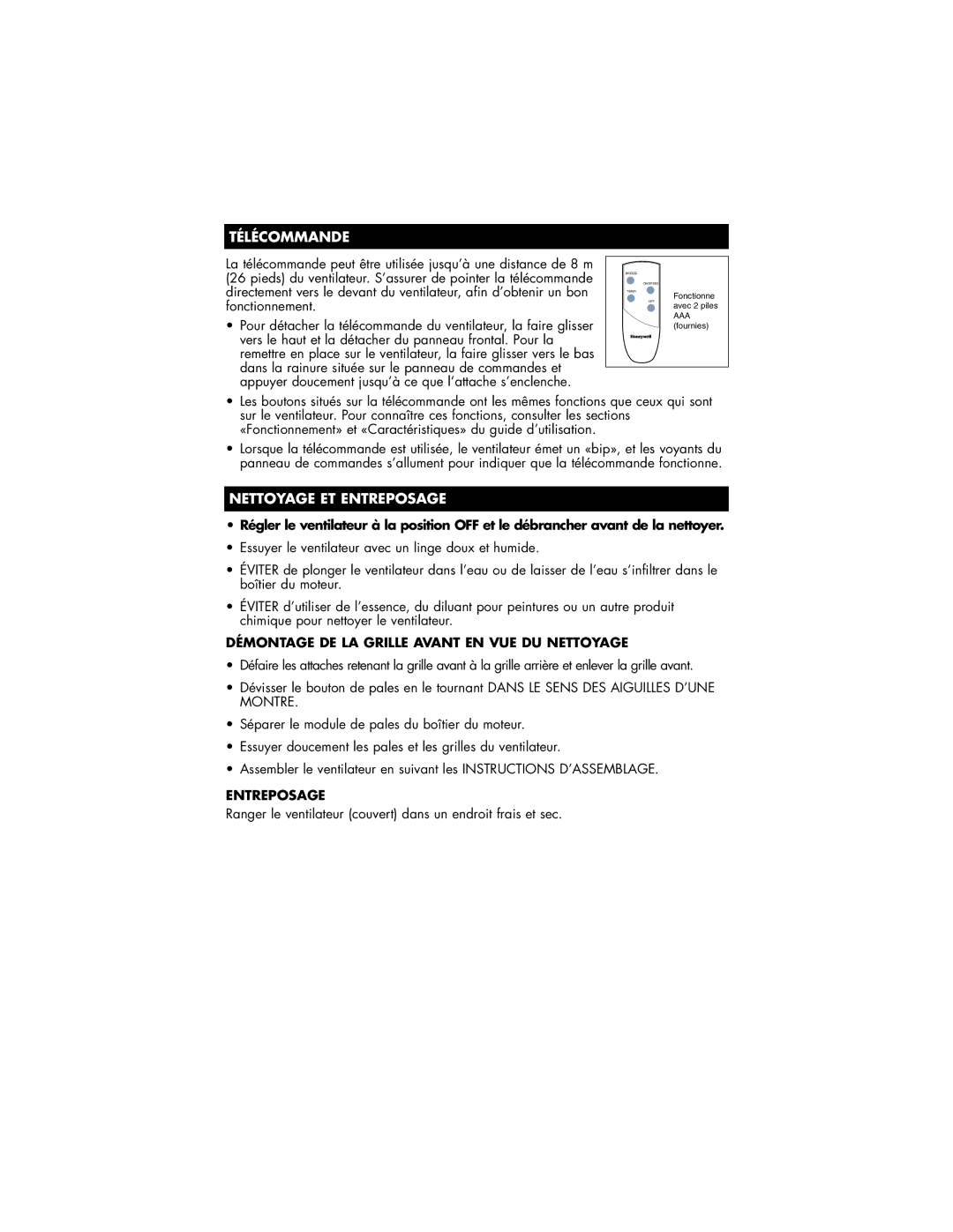 Vicks HFS-641PC owner manual Télécommande, Nettoyage ET Entreposage, Démontage DE LA Grille Avant EN VUE DU Nettoyage 
