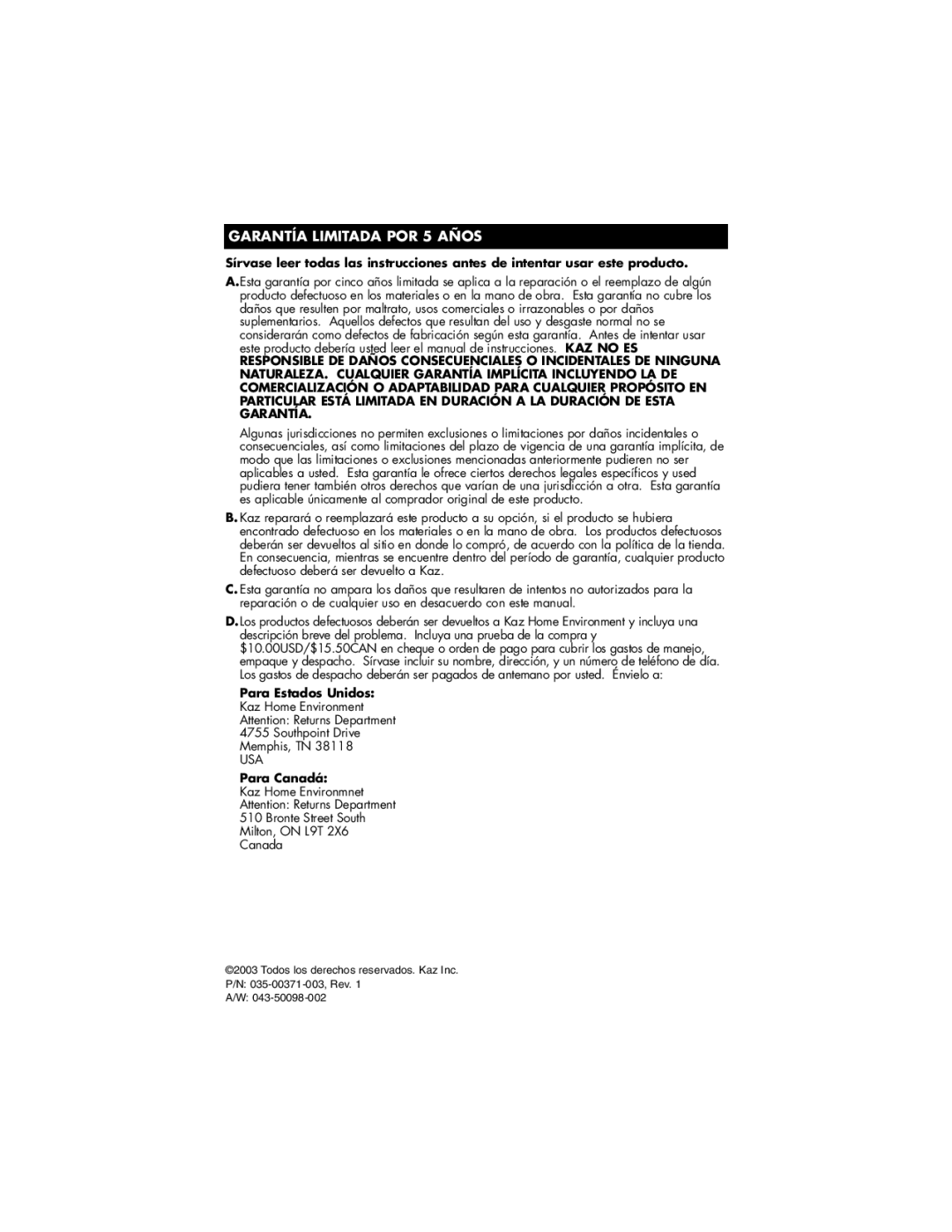 Vicks HFS-641PC owner manual Garantía Limitada POR 5 Años, Para Estados Unidos, Para Canadá 