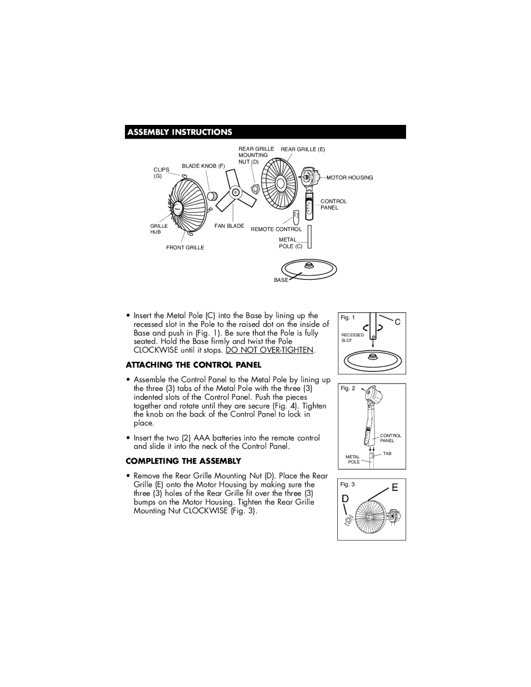 Vicks HFS-641PC owner manual Assembly Instructions, Attaching the Control Panel 