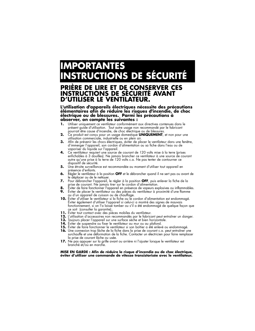Vicks HFS-641PC owner manual Importantes Instructions De Sécurité 
