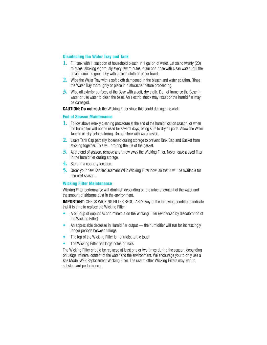 Vicks V3100 manual Disinfecting the Water Tray and Tank, End of Season Maintenance, Wicking Filter Maintenance 