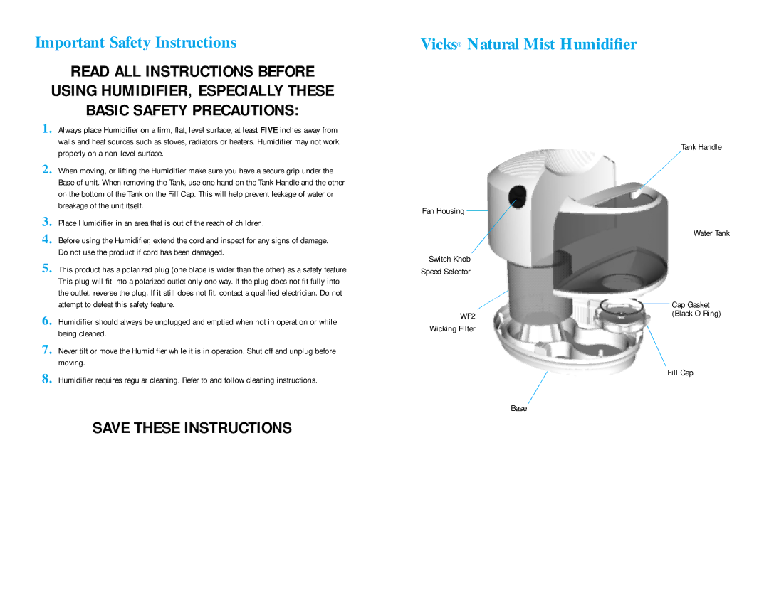 Vicks V3500 manual Important Safety Instructions, Vicks Natural Mist Humidiﬁer, Wicking Filter Base Tank Handle Water Tank 