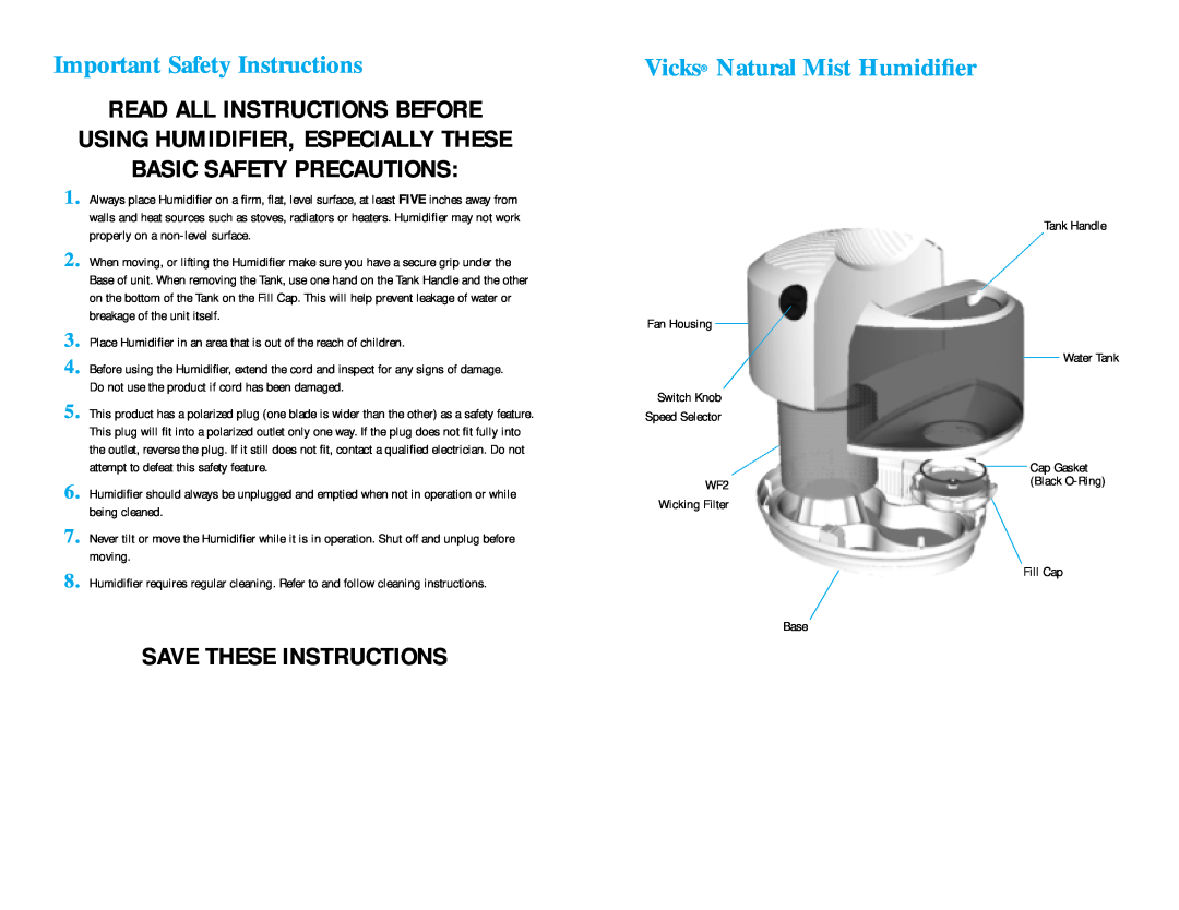 Vicks V3500 Important Safety Instructions, Vicks Natural Mist Humidiﬁer, Basic Safety Precautions, Save These Instructions 