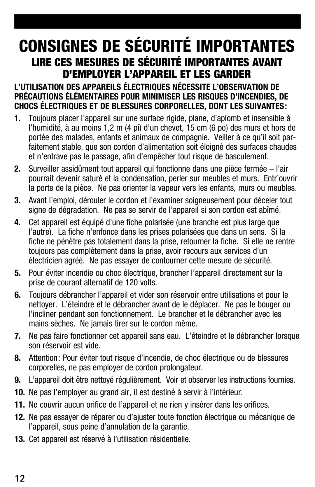 Vicks V3700 manual Consignes DE Sécurité Importantes 