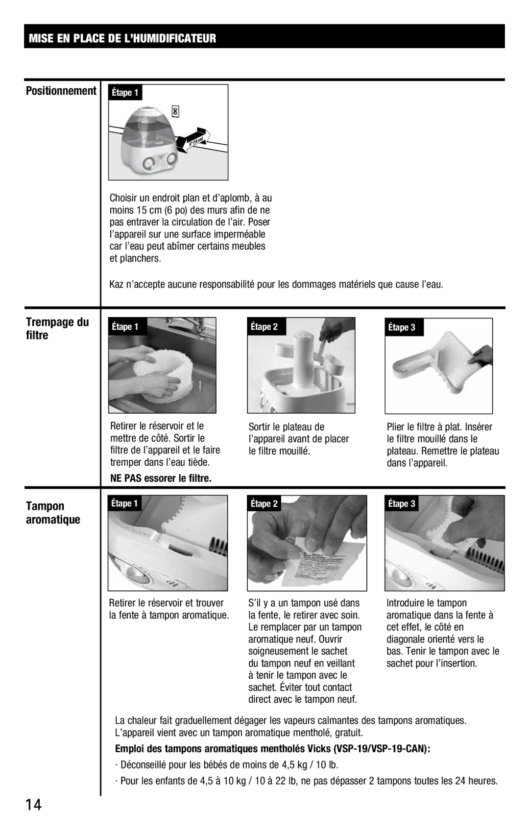 Vicks V3700 manual Mise EN Place DE L’HUMIDIFICATEUR, Trempage du, Filtre, Tampon, Aromatique 