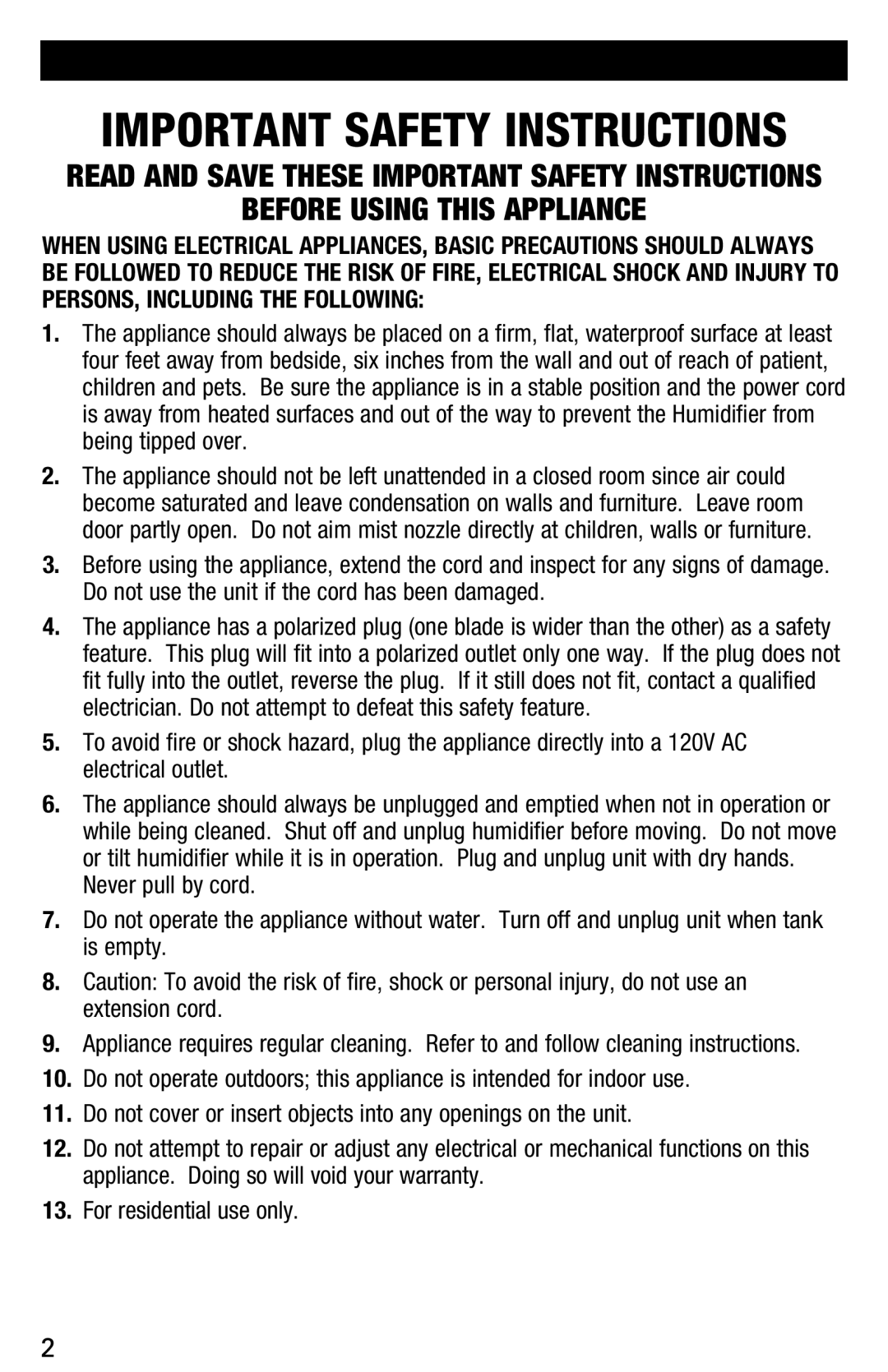 Vicks V3700 manual Important Safety Instructions 