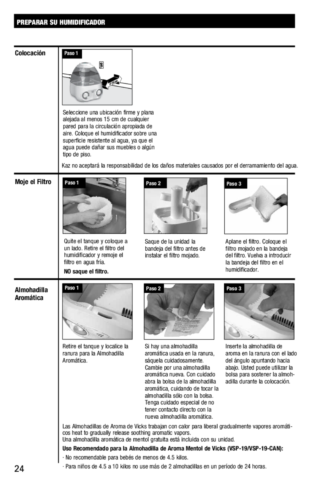 Vicks V3700 manual Preparar SU Humidificador, Colocación, Moje el Filtro, Almohadilla, Aromática 