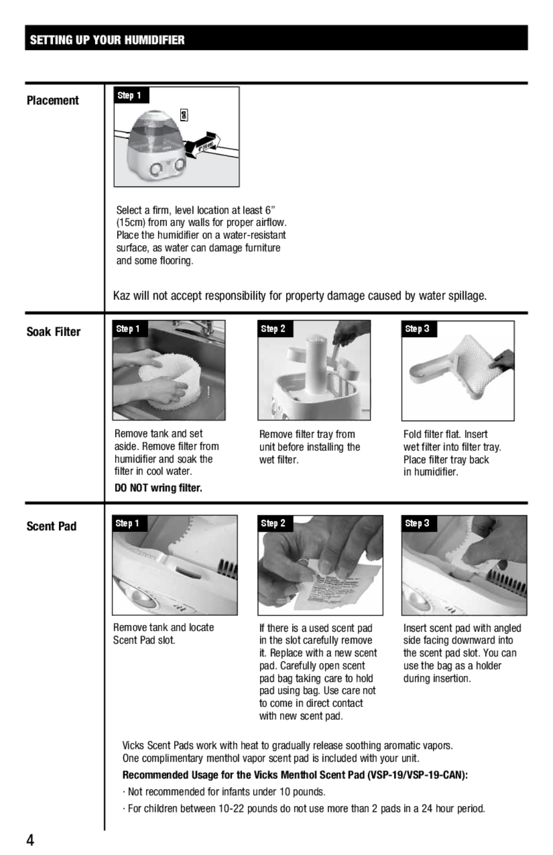 Vicks V3700 manual Setting up your humidifier Placement, Soak Filter, Scent Pad 