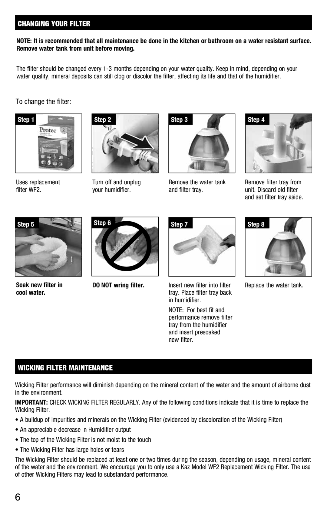 Vicks V3700 manual Changing Your Filter, Wicking Filter maintenance 