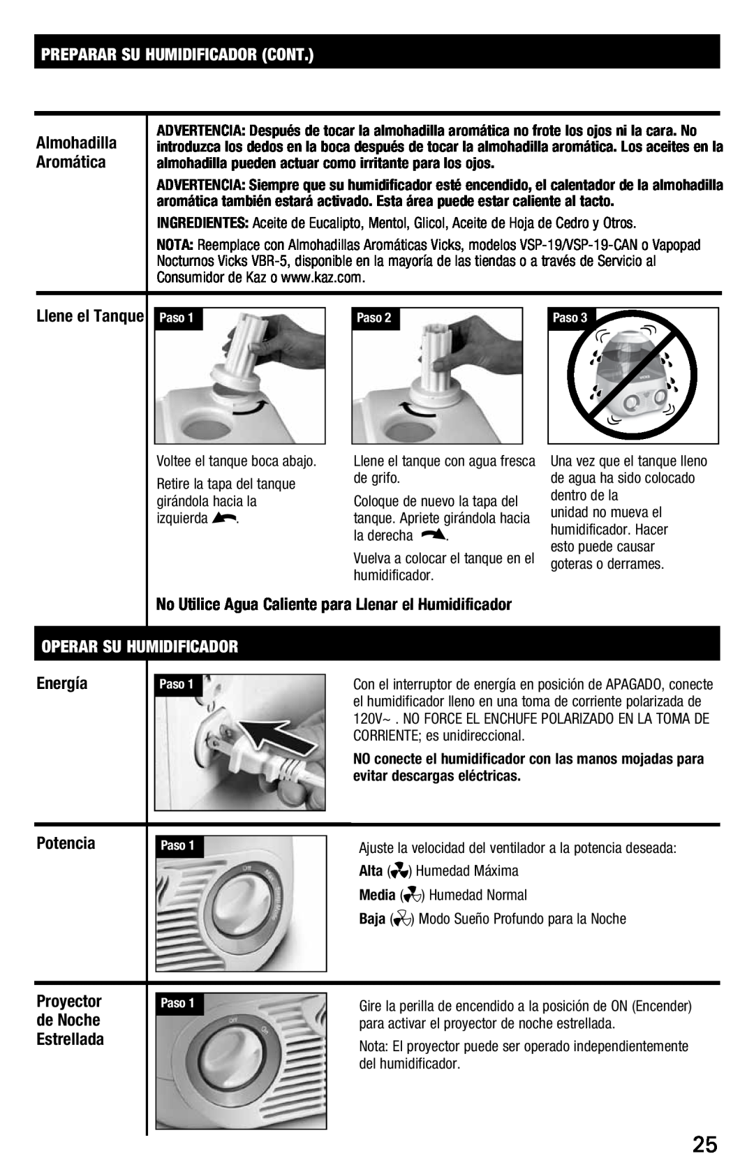 Vicks V3700 manual Preparar Su Humidificador Cont, Operar Su Humidificador, evitar descargas eléctricas, Alta, Baja 