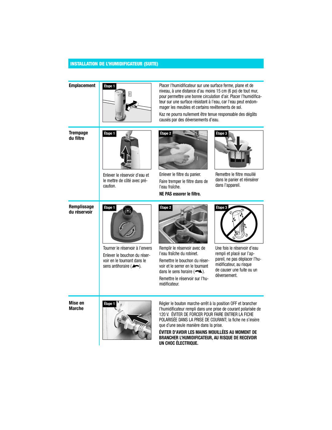 Vicks V3800 Series manual Installation DE L’HUMIDIFICATEUR Suite 