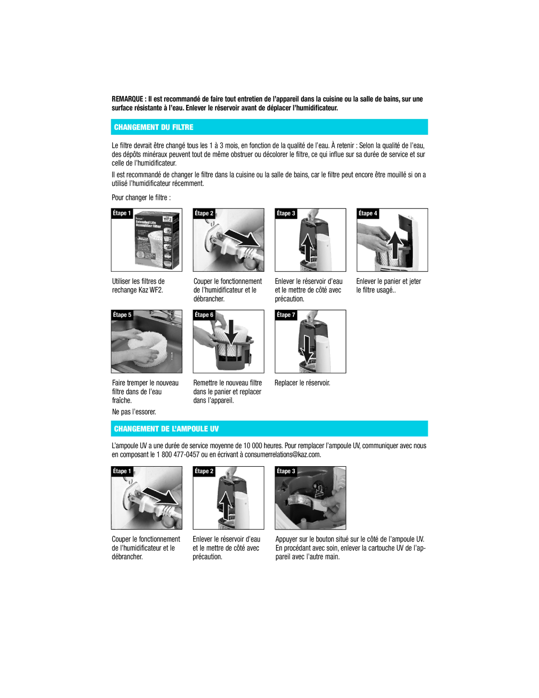 Vicks V3800 Series manual Changement DU Filtre, Ne pas l’essorer, Replacer le réservoir, Changement DE L’AMPOULE UV 