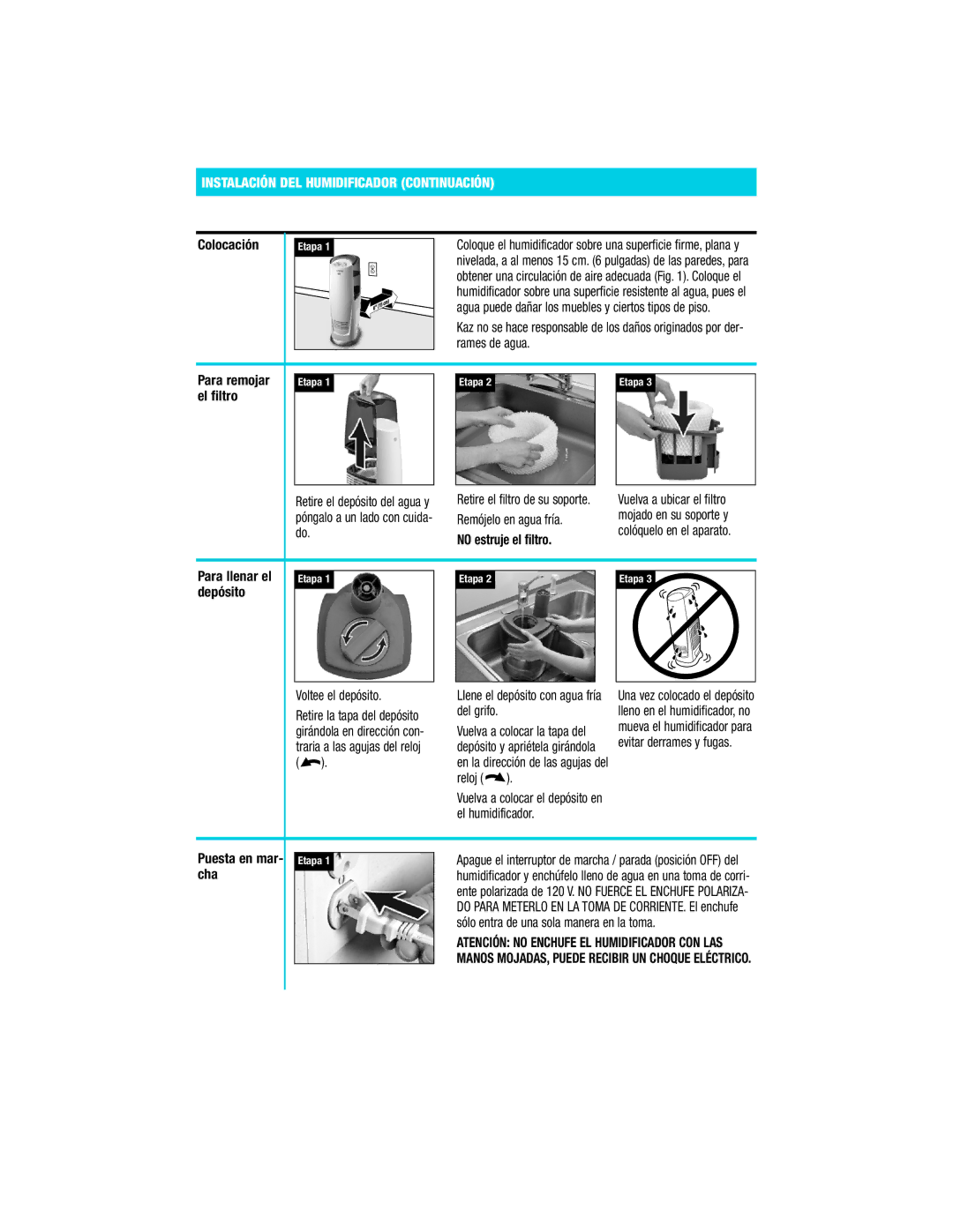 Vicks V3800 Series manual Instalación DEL Humidificador Continuación 