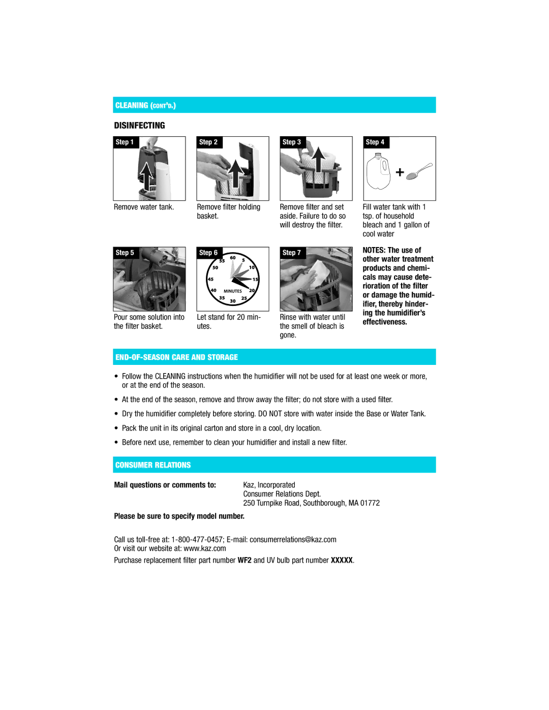 Vicks V3800 Series manual Disinfecting, Cleaning CONT’D, END-OF-SEASON Care and Storage, Consumer Relations 