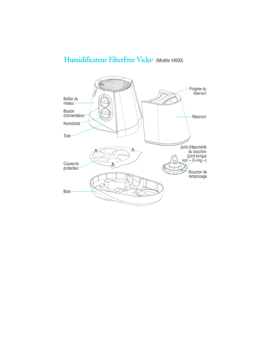 Vicks V4500 Humidificateur FilterFree Vicks Modèle, Réservoir, Boîtier du Moteur Bouton ’alimentation, Humidistat Tube 