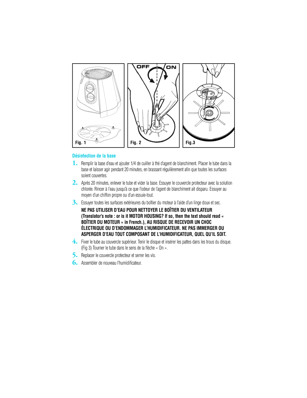 Vicks V4500 manual Désinfection de la base 