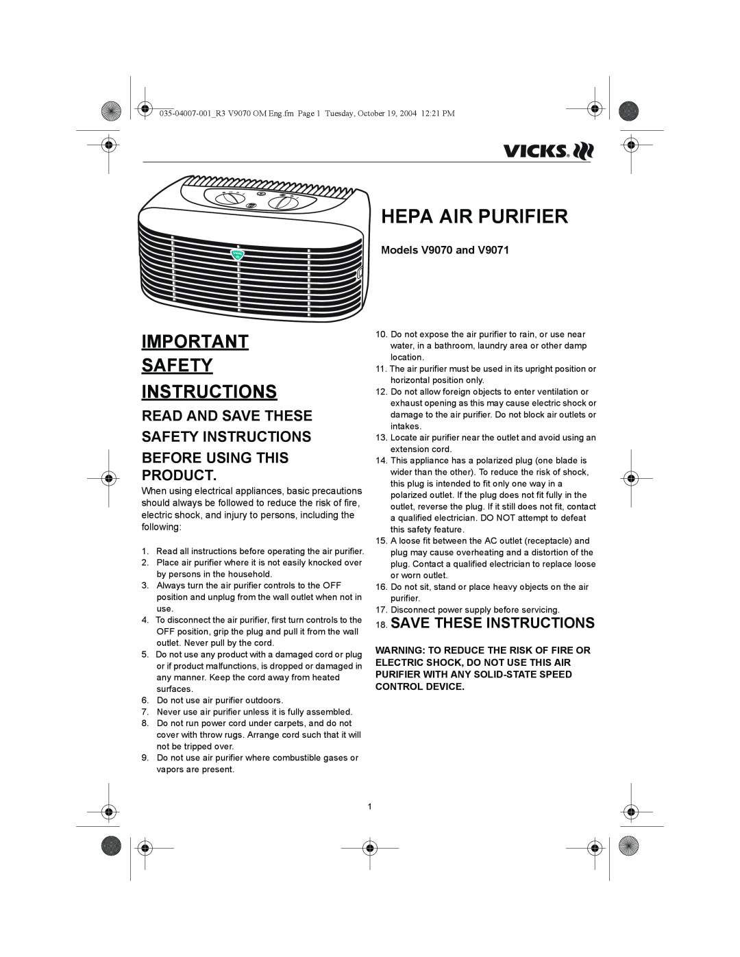Vicks v9070 important safety instructions Hepa Air Purifier, Read And Save These Safety Instructions, Models V9070 and 