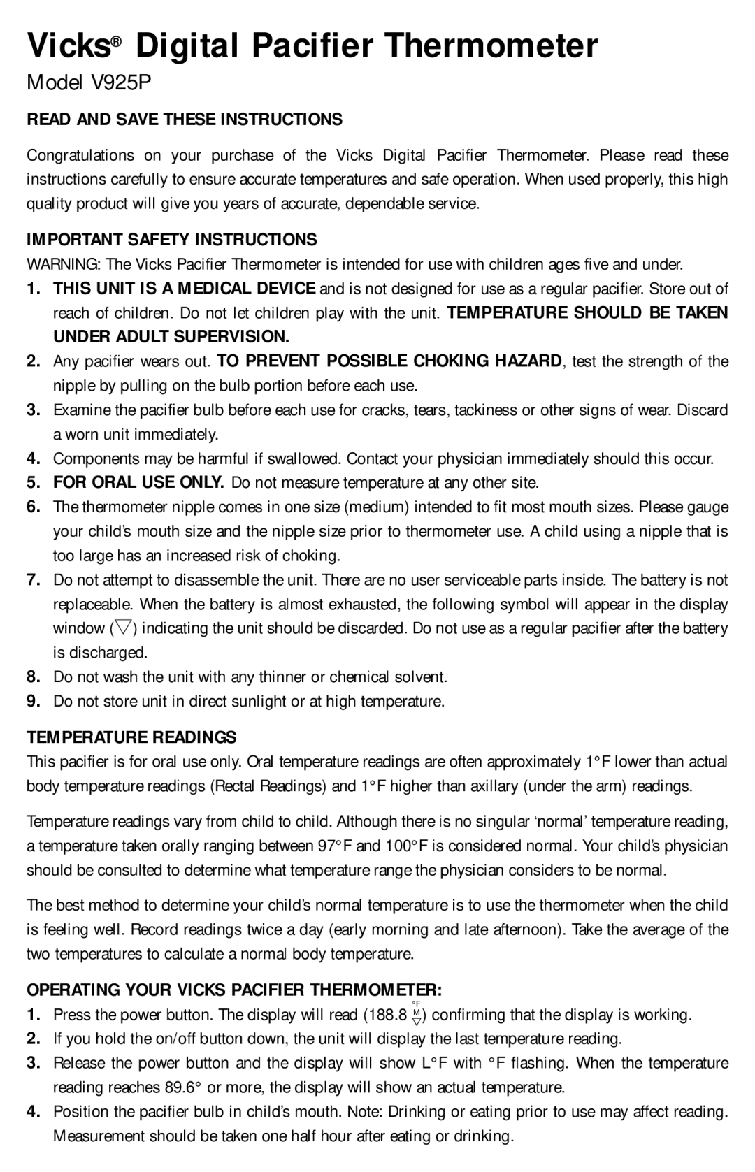 Vicks V925P important safety instructions Read and Save These Instructions, Important Safety Instructions 