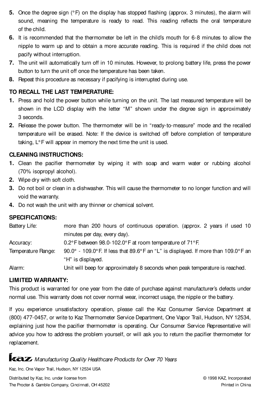 Vicks V925P important safety instructions To Recall the Last Temperature, Cleaning Instructions, Limited Warranty 