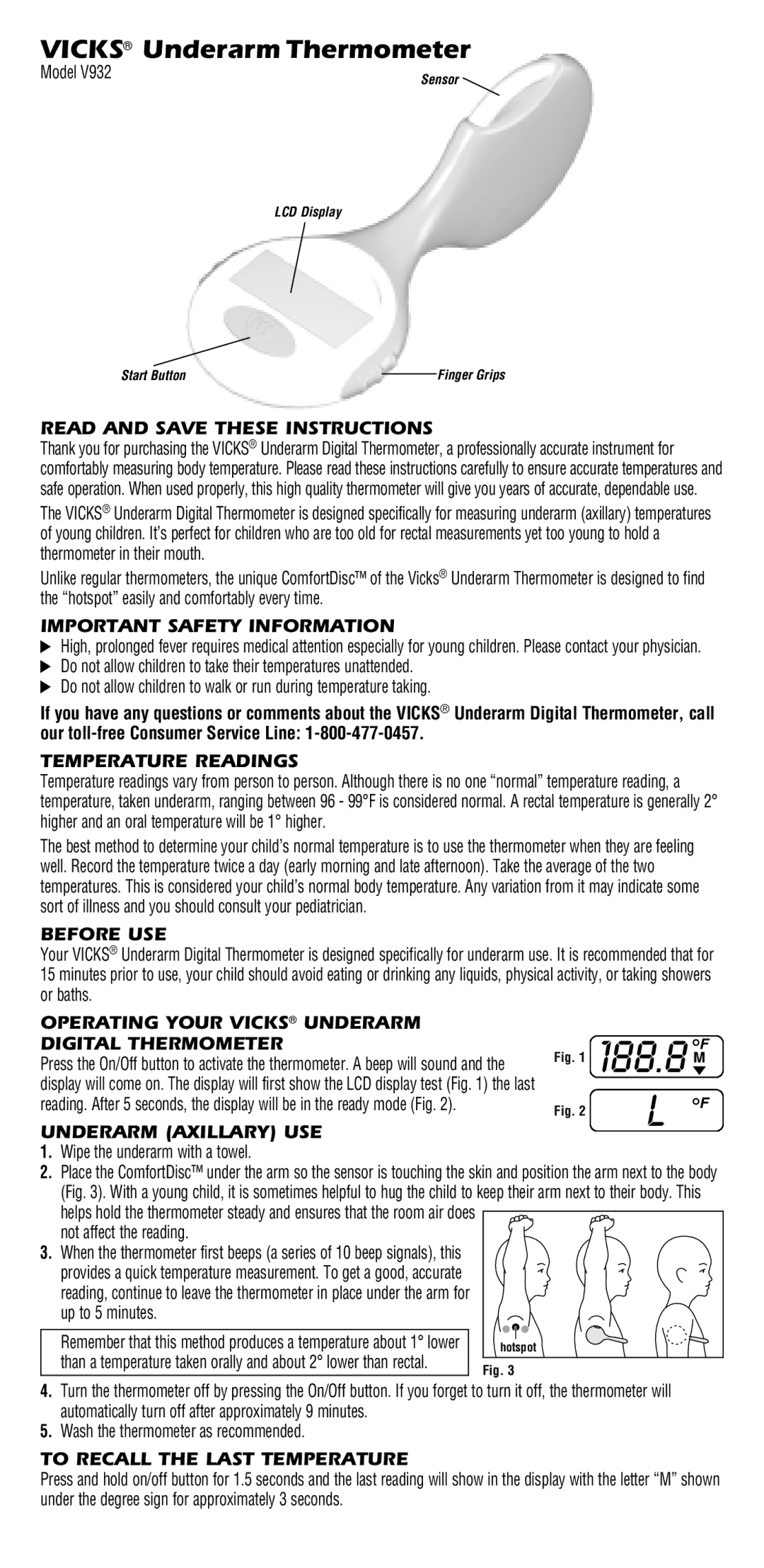 Vicks V932 manual Read and Save These Instructions, Important Safety Information, Temperature Readings, Before USE 