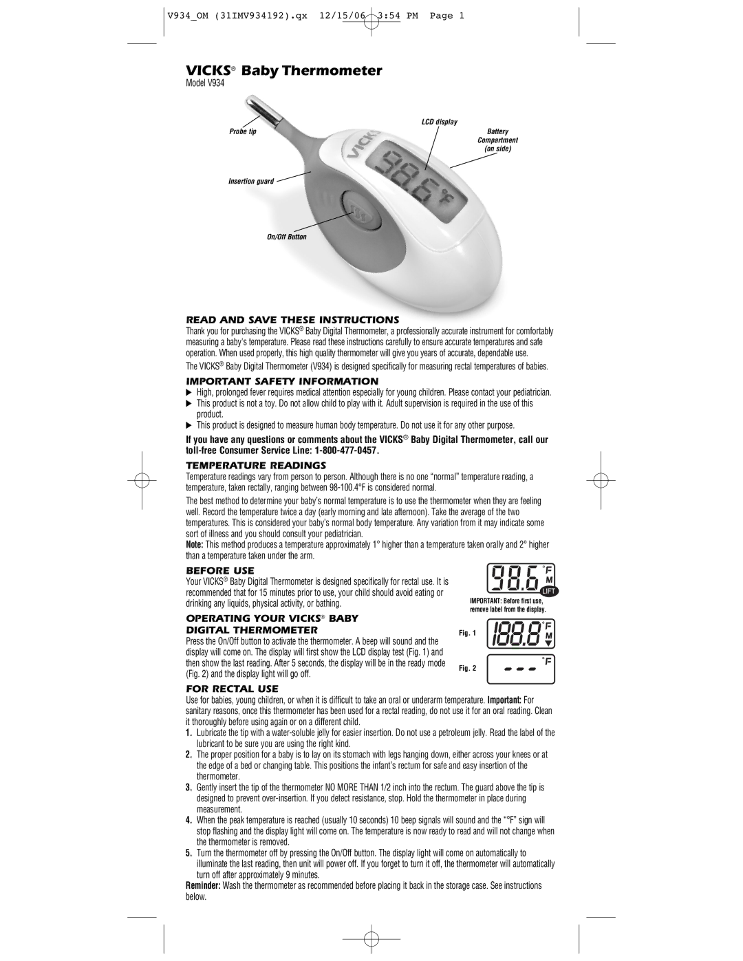 Vicks V934 manual Read and Save These Instructions, Important Safety Information, Temperature Readings, Before USE 