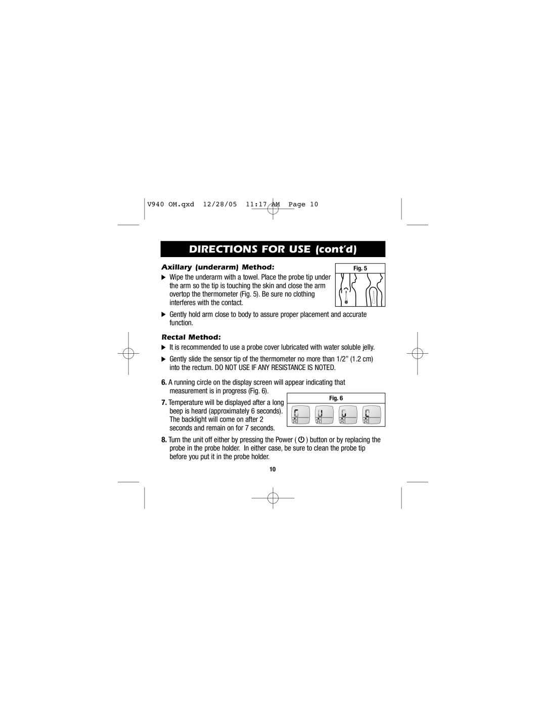 Vicks V940 instruction manual Axillary underarm Method, Rectal Method, Backlight will come on after 