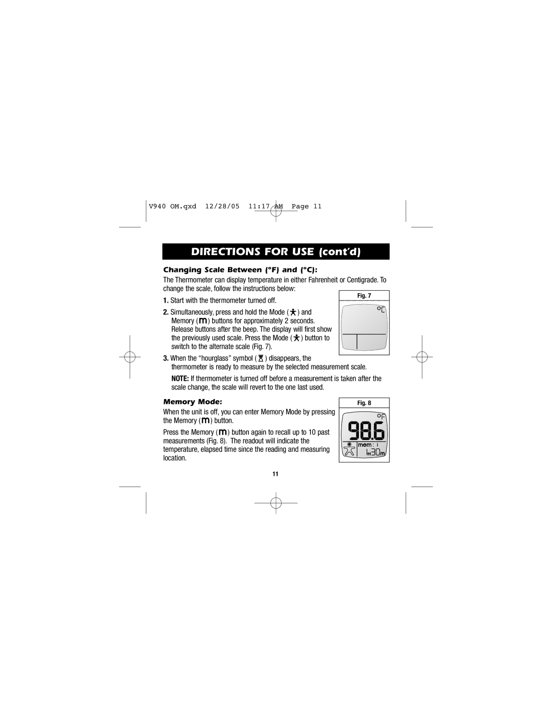 Vicks V940 instruction manual Changing Scale Between F and C, Memory Mode 