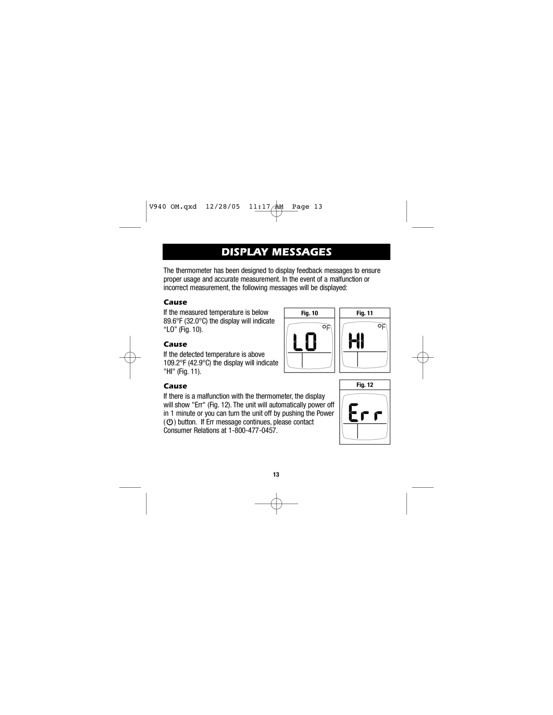 Vicks V940 instruction manual Display Messages, Cause 