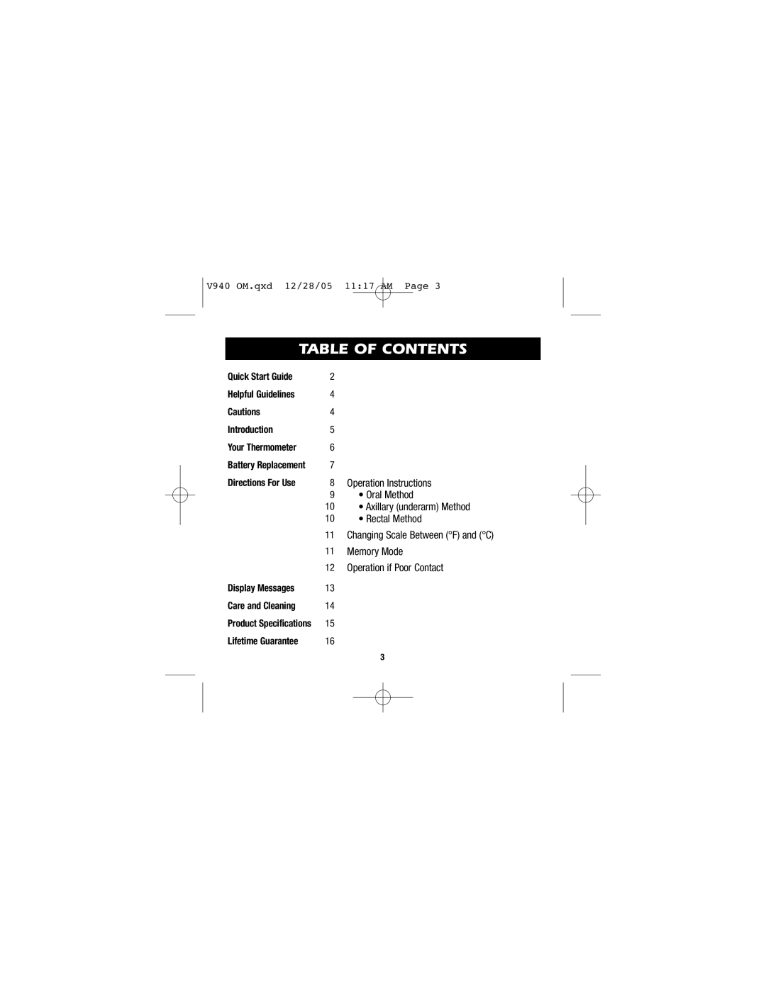 Vicks V940 instruction manual Table of Contents 