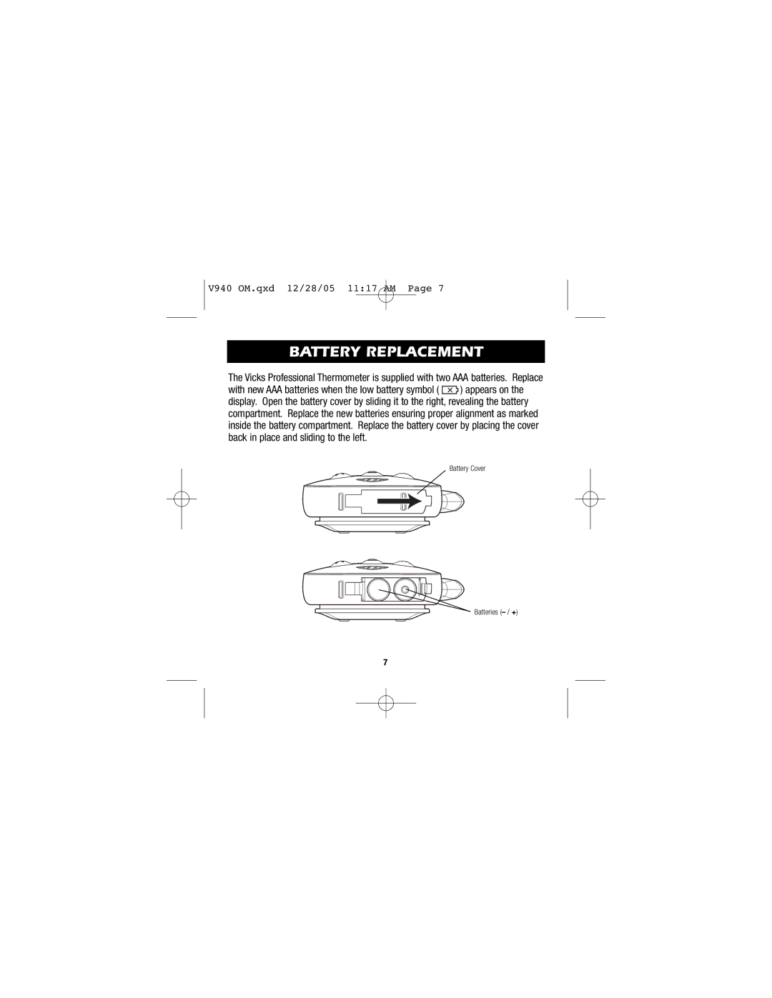 Vicks V940 instruction manual Battery Replacement 